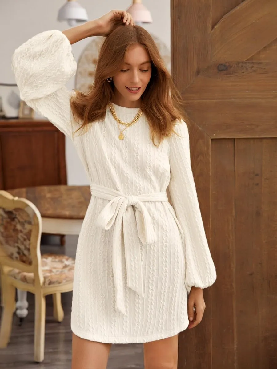 Women's Winter Sweater Dress Long Sleeve Cable Knit Belted Dress Loose Mini Tunic Pullover Sweater Dress