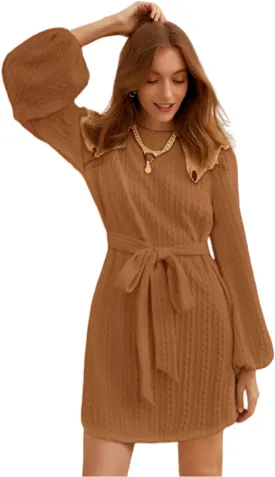 Women's Winter Sweater Dress Long Sleeve Cable Knit Belted Dress Loose Mini Tunic Pullover Sweater Dress