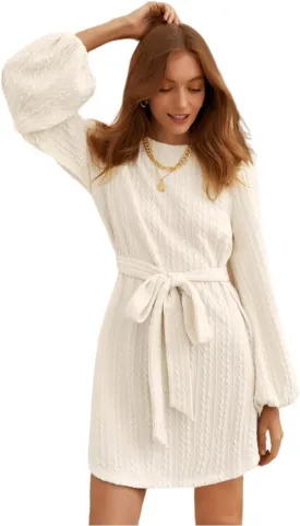 Women's Winter Sweater Dress Long Sleeve Cable Knit Belted Dress Loose Mini Tunic Pullover Sweater Dress