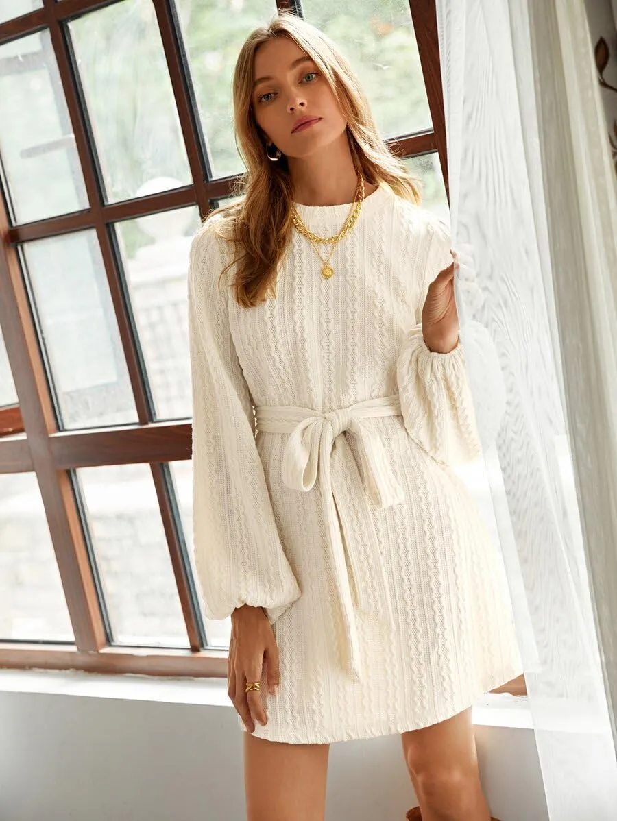 Women's Winter Sweater Dress Long Sleeve Cable Knit Belted Dress Loose Mini Tunic Pullover Sweater Dress