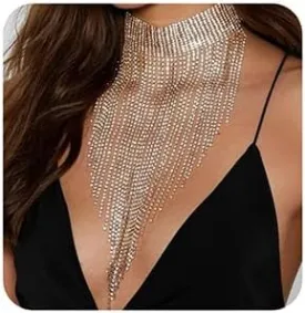 Xerling Extra Long Rhinestones Tassel Choker Necklaces for Women Boho Fringe Chains Multi-row Rhinestones Long Wedding Necklaces Statement Bridal Bib Collar Necklaces (Silver)