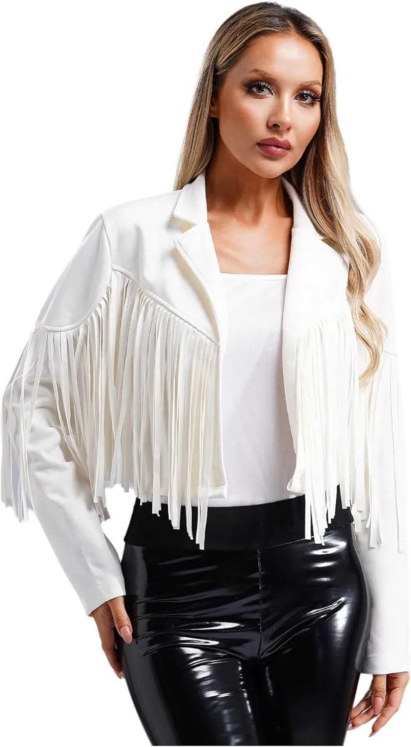 YiZYiF Women's Fringe Faux Suede Leather Jackets Fashion Cowgirl Tassel Motorcycle Cropped Coats