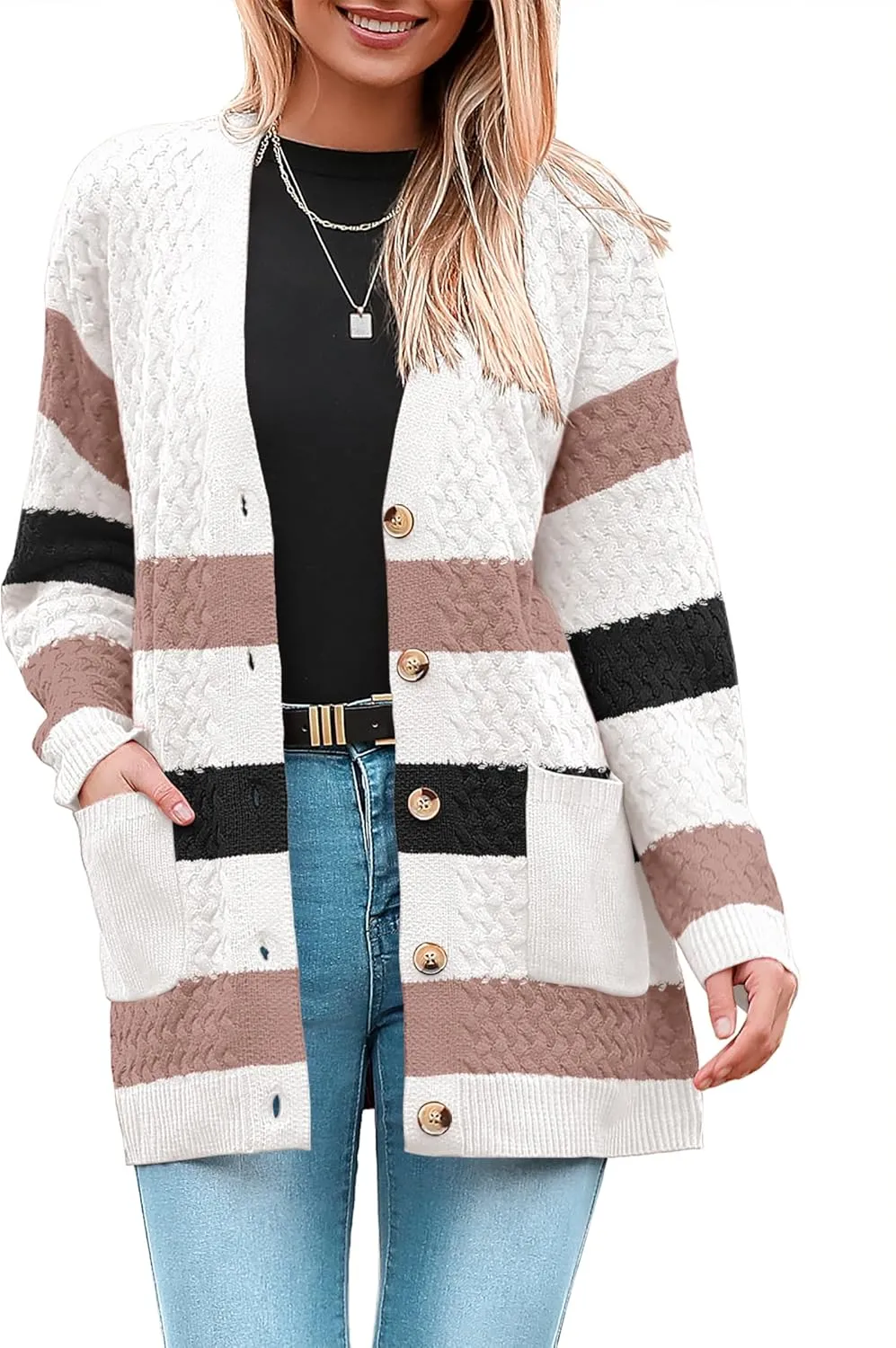 Zeagoo Womens 2025 Long Sleeve Chunky Cable Knit Fall Cardigans Sweaters Button Down Open Front Outerwear with Pockets